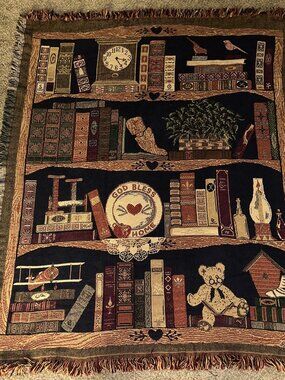VTG 1994 Tapestry Throw Blanket Books Bears God Bless Our Home Medallion CPCA